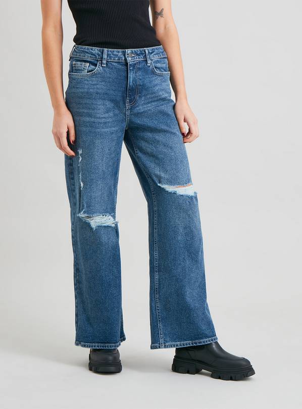 Midwash Distressed Denim Wide Leg Jeans - 8S